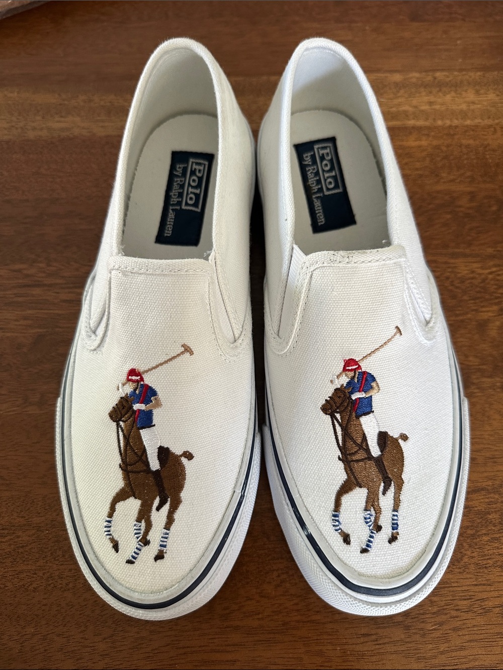 Vintage Polo by Ralph Lauren White Slip-On Canvas Sneakers with Embroidered Polo